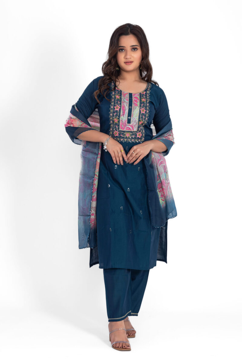 Navy Blue Roman Silk Kurta Pant Set with Digital Dupatta LBA-012
