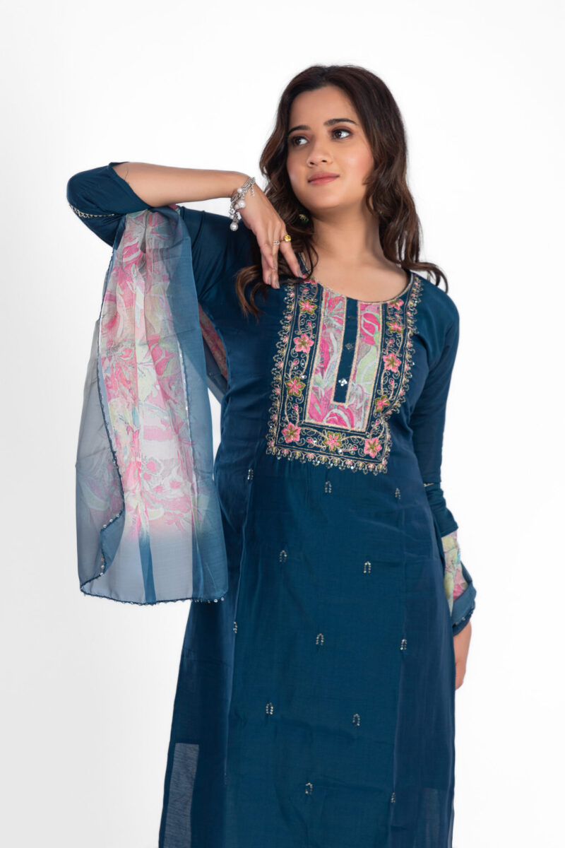 Navy Blue Roman Silk Kurta Pant Set with Digital Dupatta LBA-012 - Image 2