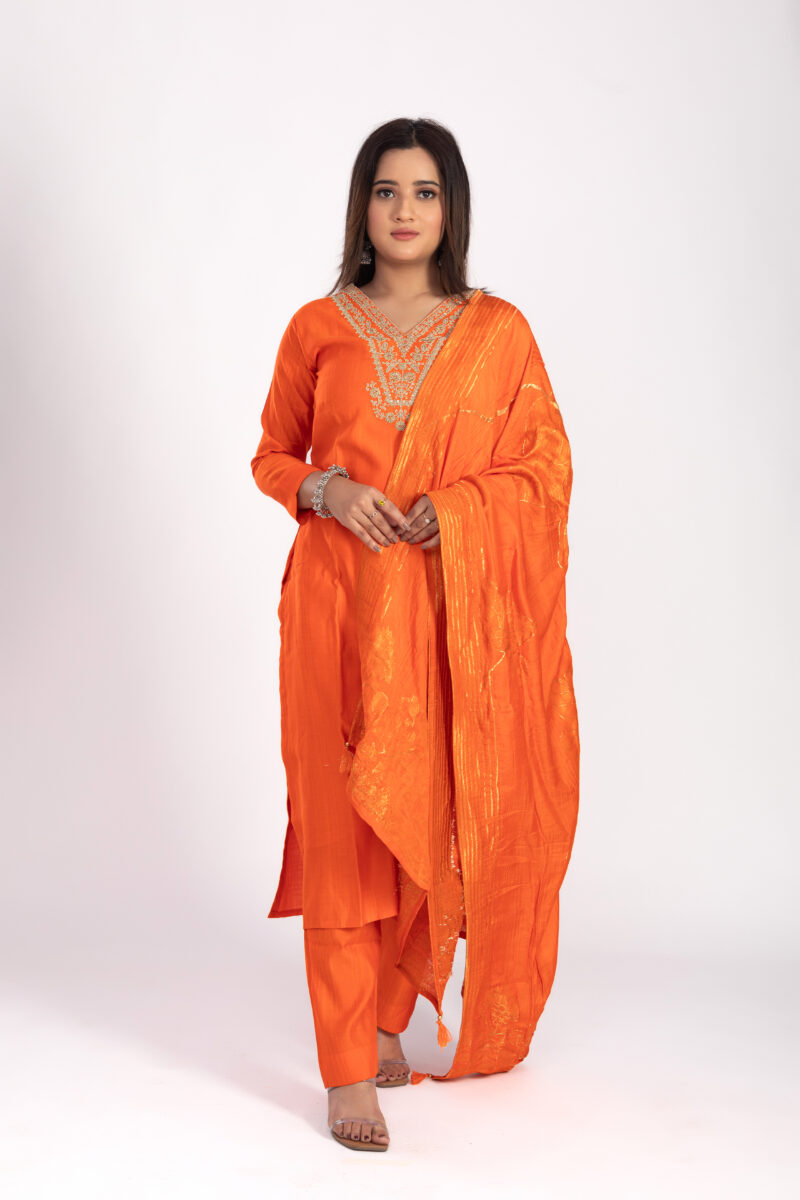 Orange Embroidered kurta pant set with Duppatta LBA-032 - Image 6