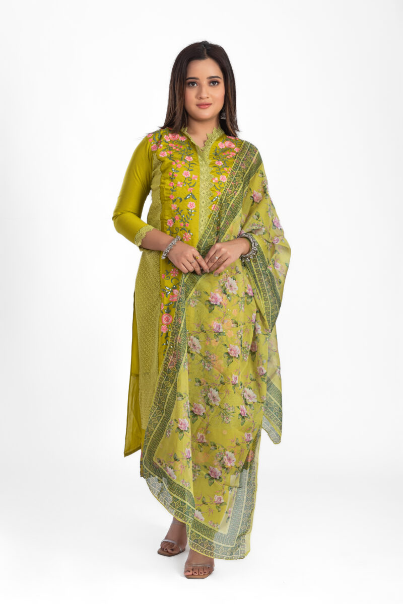 Pure Roman Silk Embroidered Kurta Suit Set with Pant & Digital Print Dupatta-LBA-016