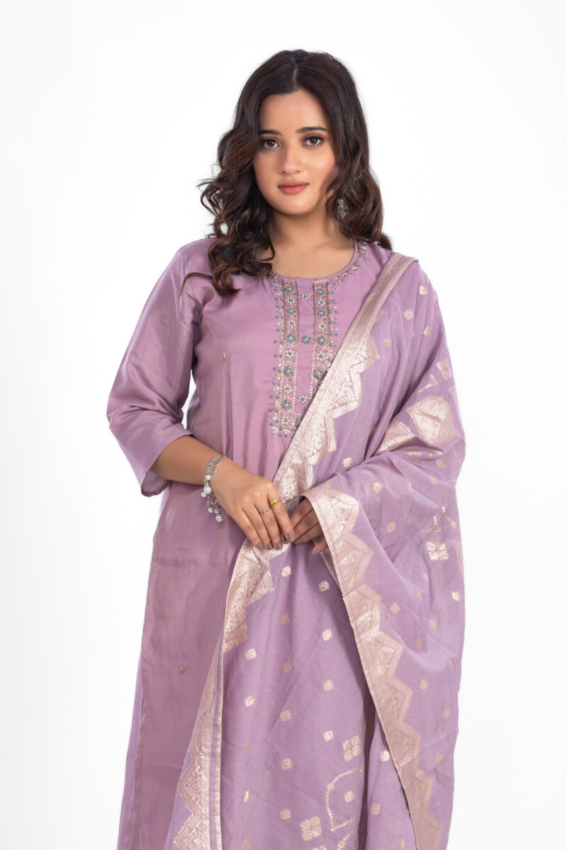 Ethnic Motifs Embroidered Sequinned Chanderi Silk Kurta Set with Trouser & Dupatta LBA-023 - Image 3