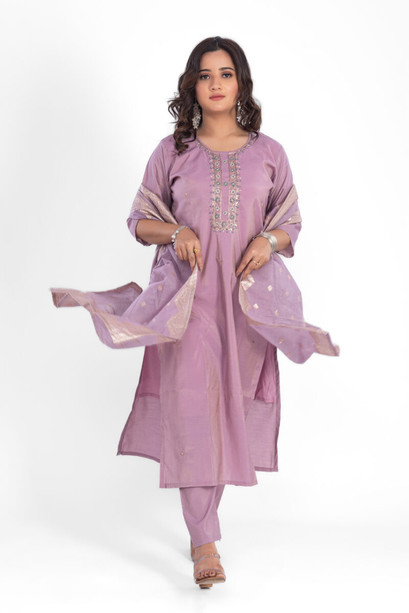 Ethnic Motifs Embroidered Sequinned Chanderi Silk Kurta Set with Trouser & Dupatta LBA-023