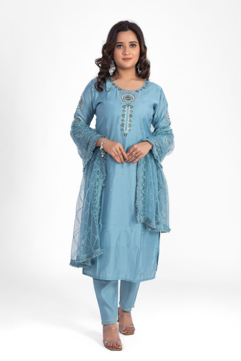 Roman Silk Embroidered Kurta Set with Pant & Organza Dupatta LBA-022