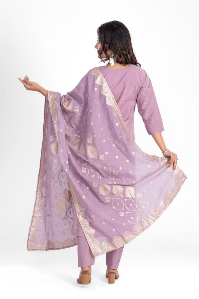 Ethnic Motifs Embroidered Sequinned Chanderi Silk Kurta Set with Trouser & Dupatta LBA-023 - Image 5