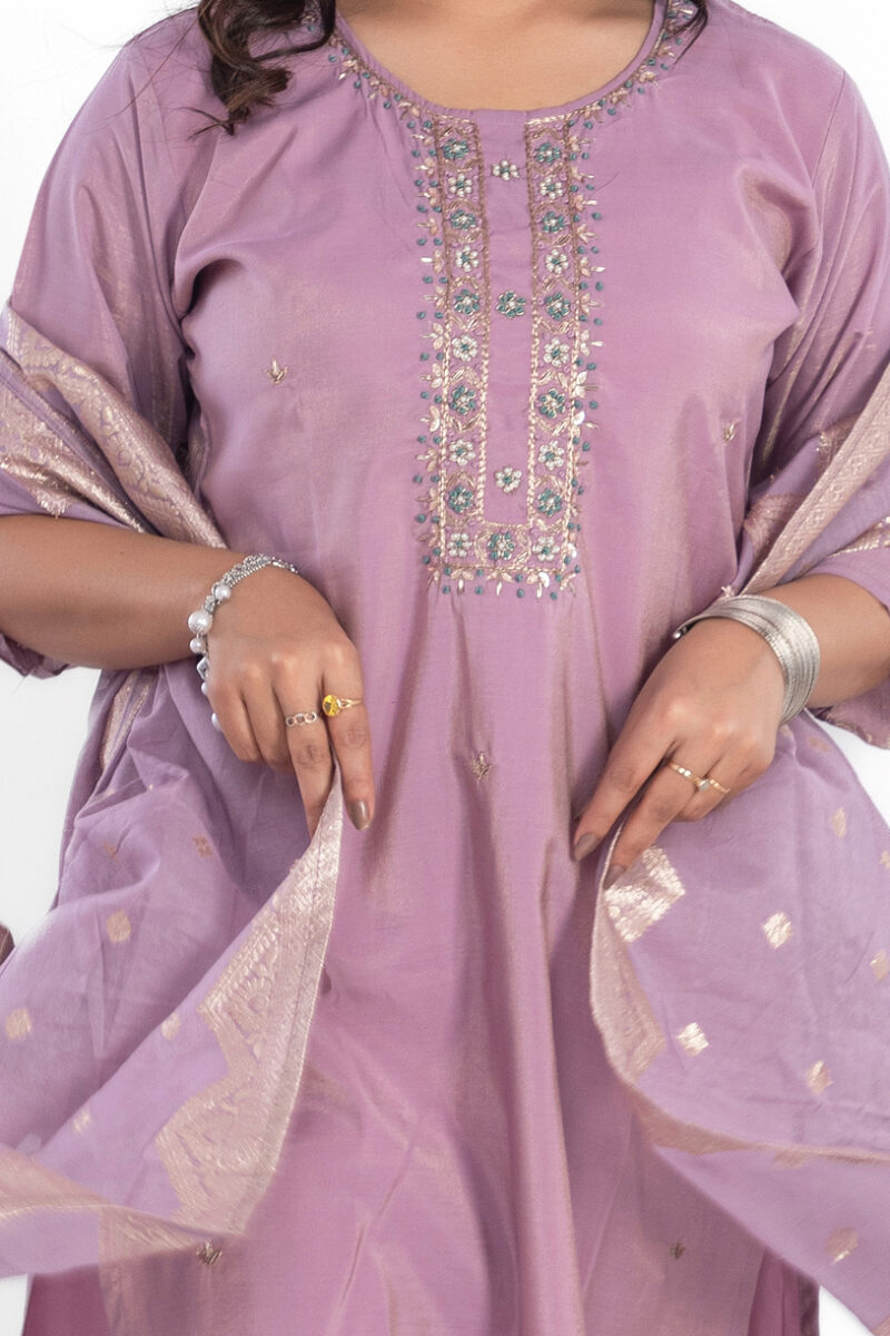 Ethnic Motifs Embroidered Sequinned Chanderi Silk Kurta Set with Trouser & Dupatta LBA-023 - Image 2