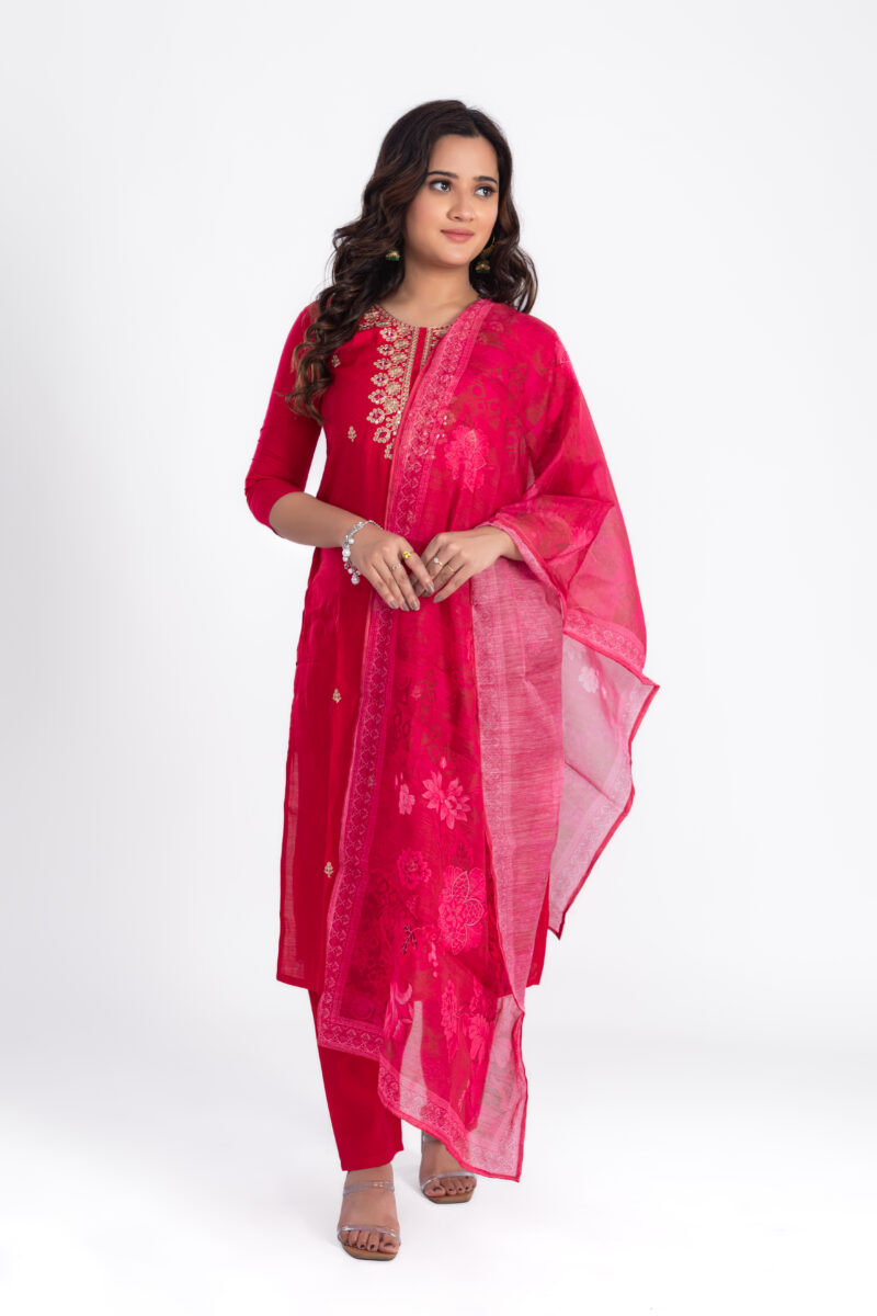 Hand Embroidered kurta set with pant and silk Duppata-LBA-018