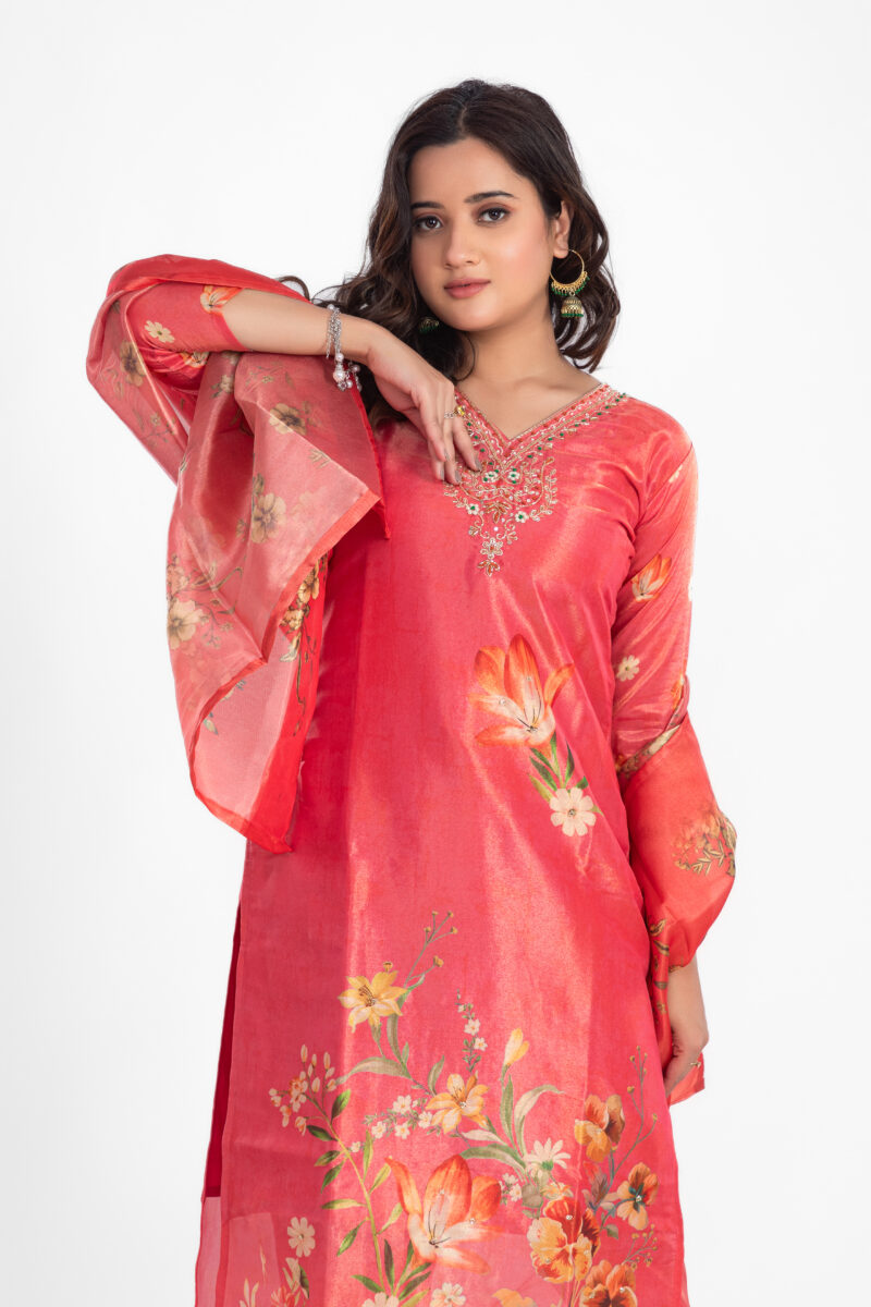 Women Pure Tissue Shimmer Kurta Pant Set with Tissue Dupatta LBA-017 - Image 2