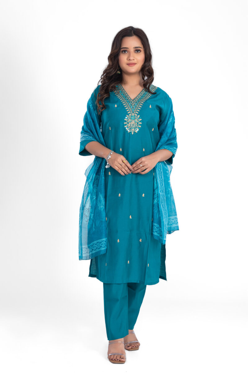 Women's Roman Silk Embroidered Kurta Set with Cotton Dupatta LBA-010