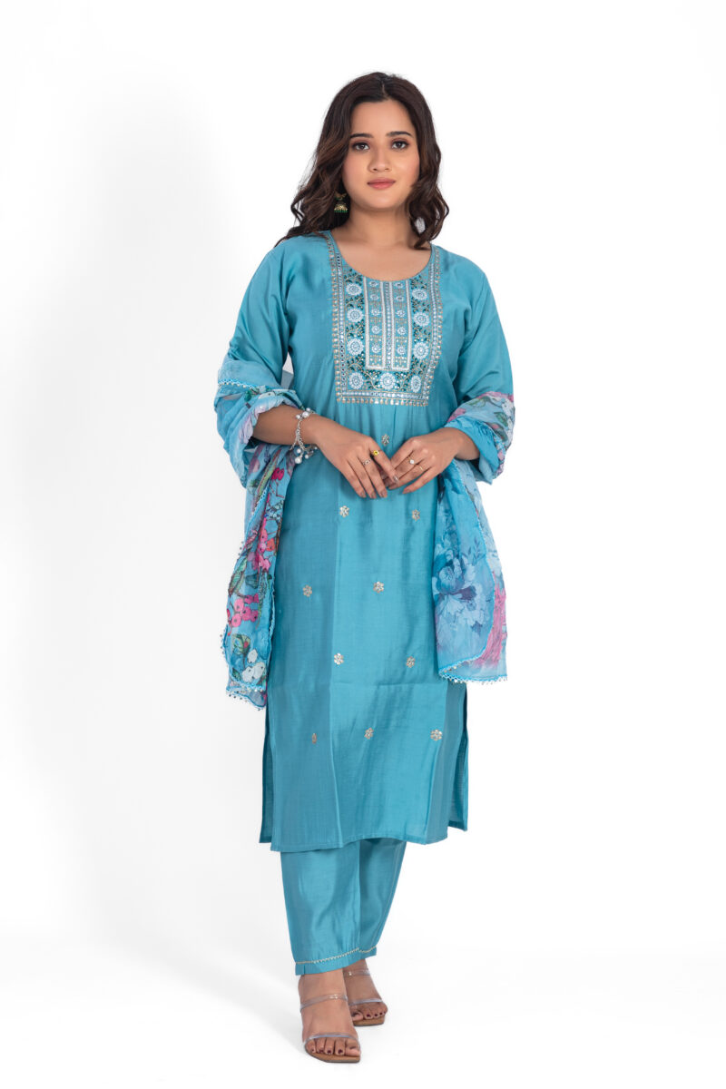 Women's Roman Silk Kurta Pant Set with Embroidered Neck & Digital Dupatta LBA-014