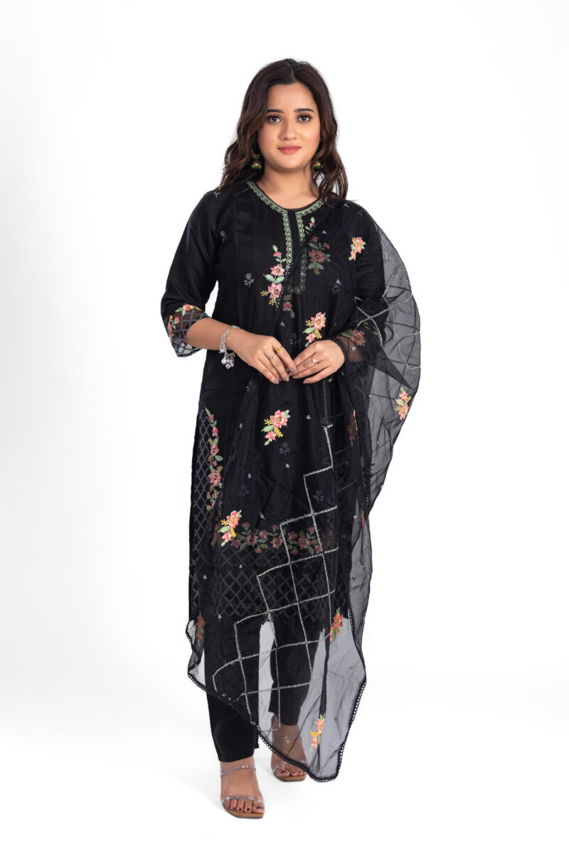 Black Viscose Silk Kurta Pant Set with Organza Dupatta LBA-013