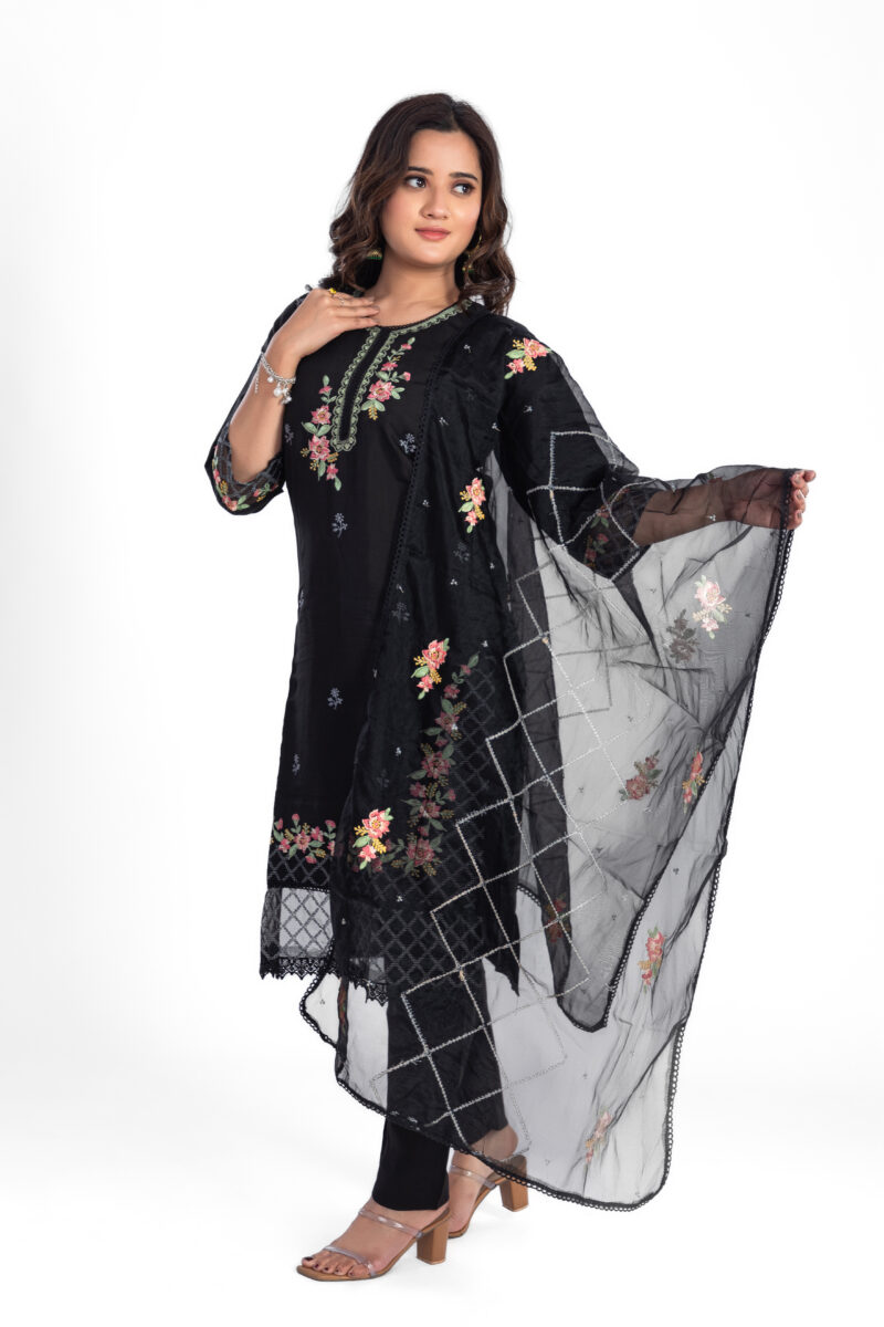 Black Viscose Silk Kurta Pant Set with Organza Dupatta LBA-013 - Image 2