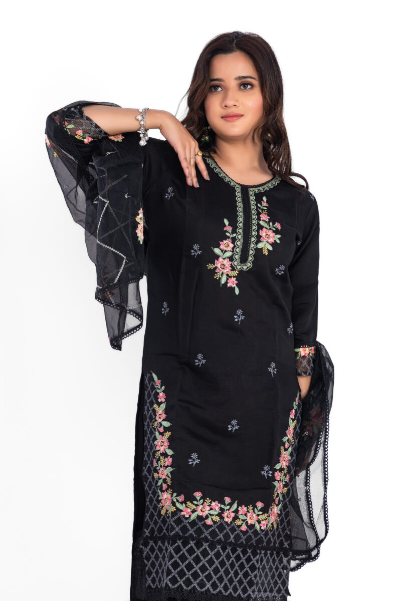 Black Viscose Silk Kurta Pant Set with Organza Dupatta LBA-013 - Image 4