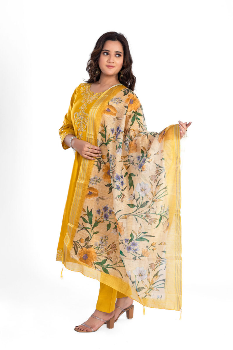 Mustard Viscose Silk Kurta Suit Set with Handwork & Tissue Shimmer Dupatta LBA-009 - Image 2