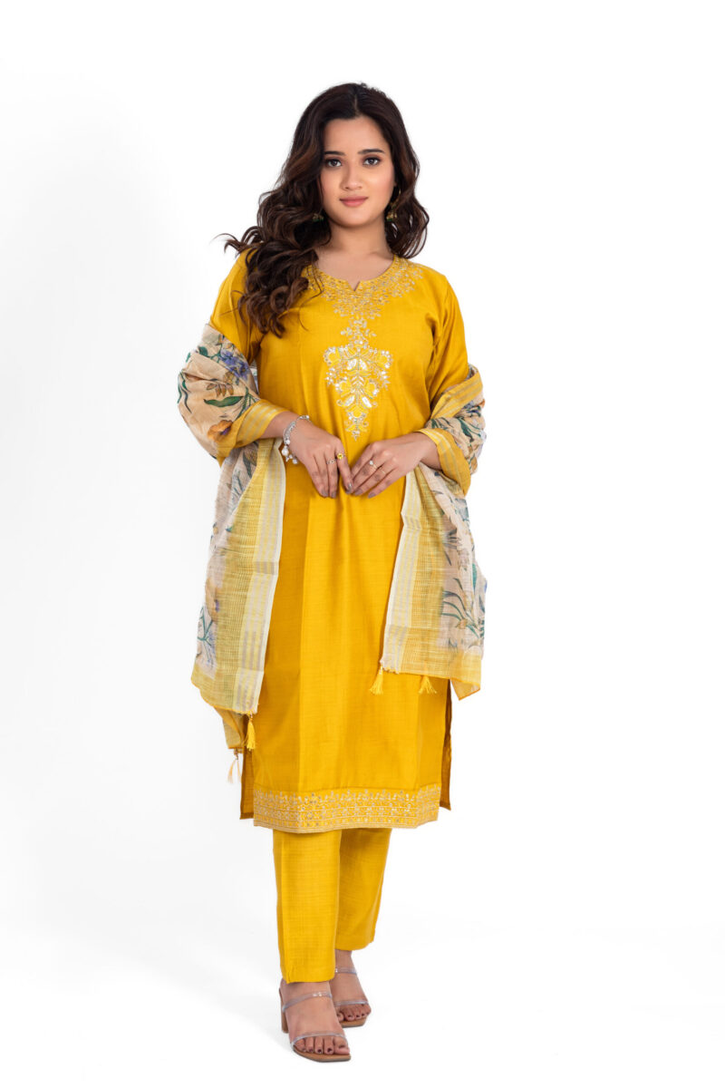 Mustard Viscose Silk Kurta Suit Set with Handwork & Tissue Shimmer Dupatta LBA-009
