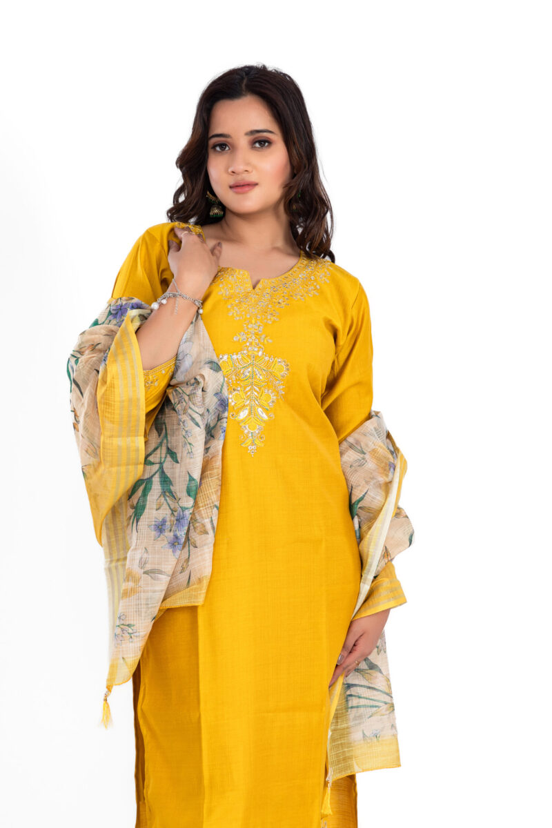 Mustard Viscose Silk Kurta Suit Set with Handwork & Tissue Shimmer Dupatta LBA-009 - Image 5