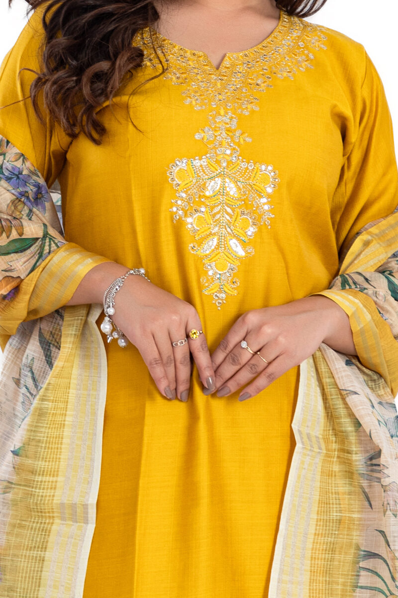 Mustard Viscose Silk Kurta Suit Set with Handwork & Tissue Shimmer Dupatta LBA-009 - Image 6