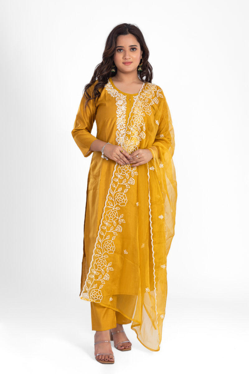Ethnic Roman Silk Embroidered Kurta Set with Trousers & Dupatta LBA-019