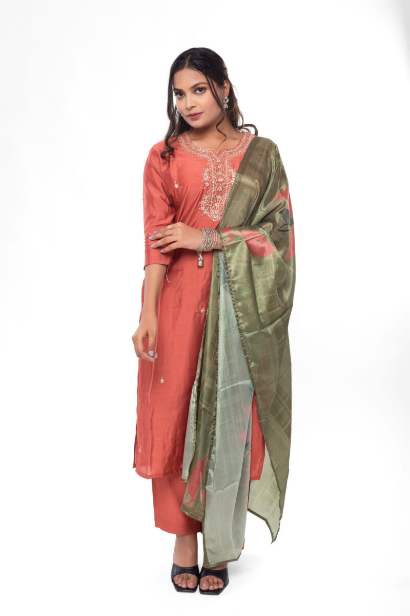 Roman Silk Embroidered Straight Kurta & Trousers with Dupatta LBA-039 - Image 3