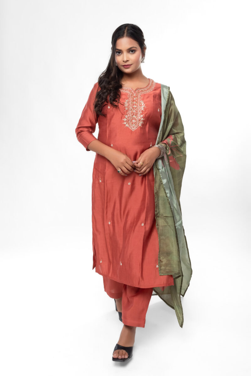 Roman Silk Embroidered Straight Kurta & Trousers with Dupatta LBA-039