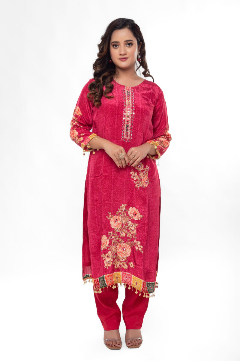 Pure Muslin Crepe Handwork A-Line Festive Kurta Pant Set with Dupatta-LBA-044 - Image 3