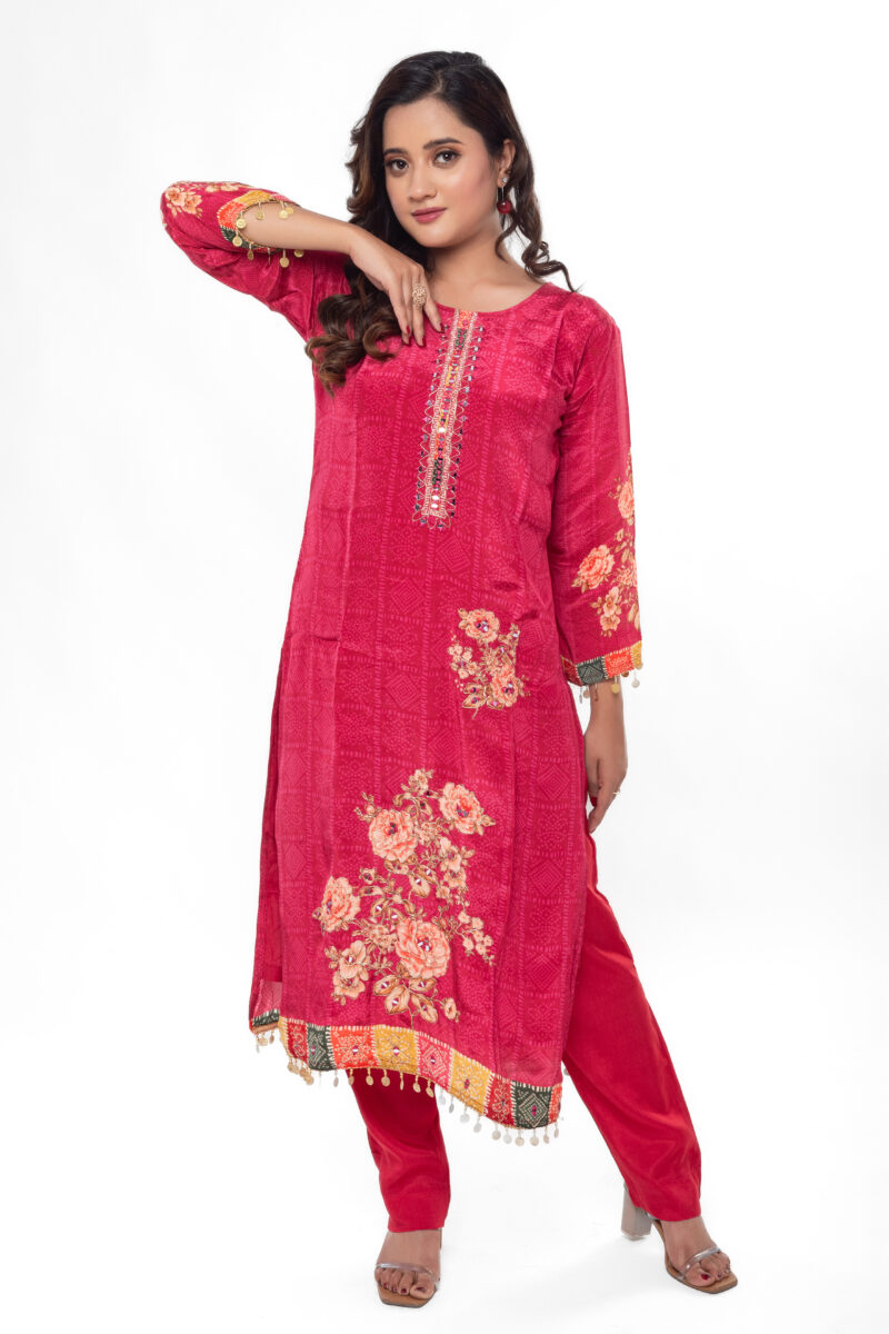 Pure Muslin Crepe Handwork A-Line Festive Kurta Pant Set with Dupatta-LBA-044 - Image 4