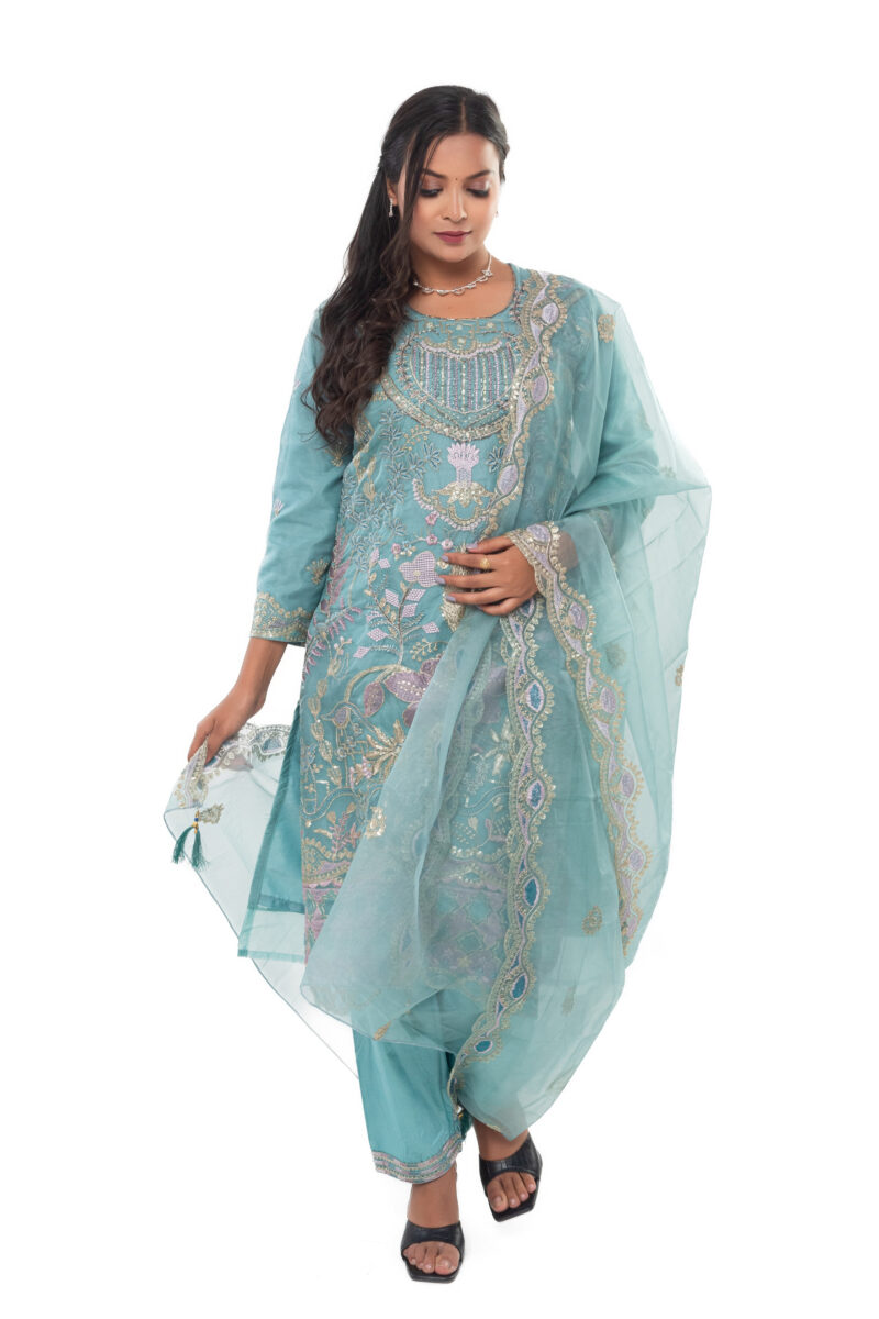 Organza Embroidered Pakistani Kurti Set with Dupatta LBA-045 - Image 4