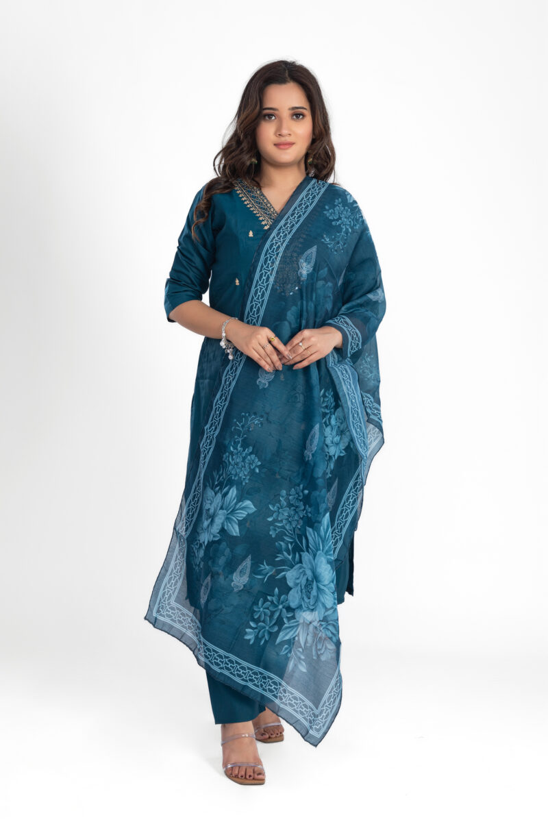 Women's Roman Silk Embroidered Kurta Set with Cotton Dupatta LBA-010-RegalBlue