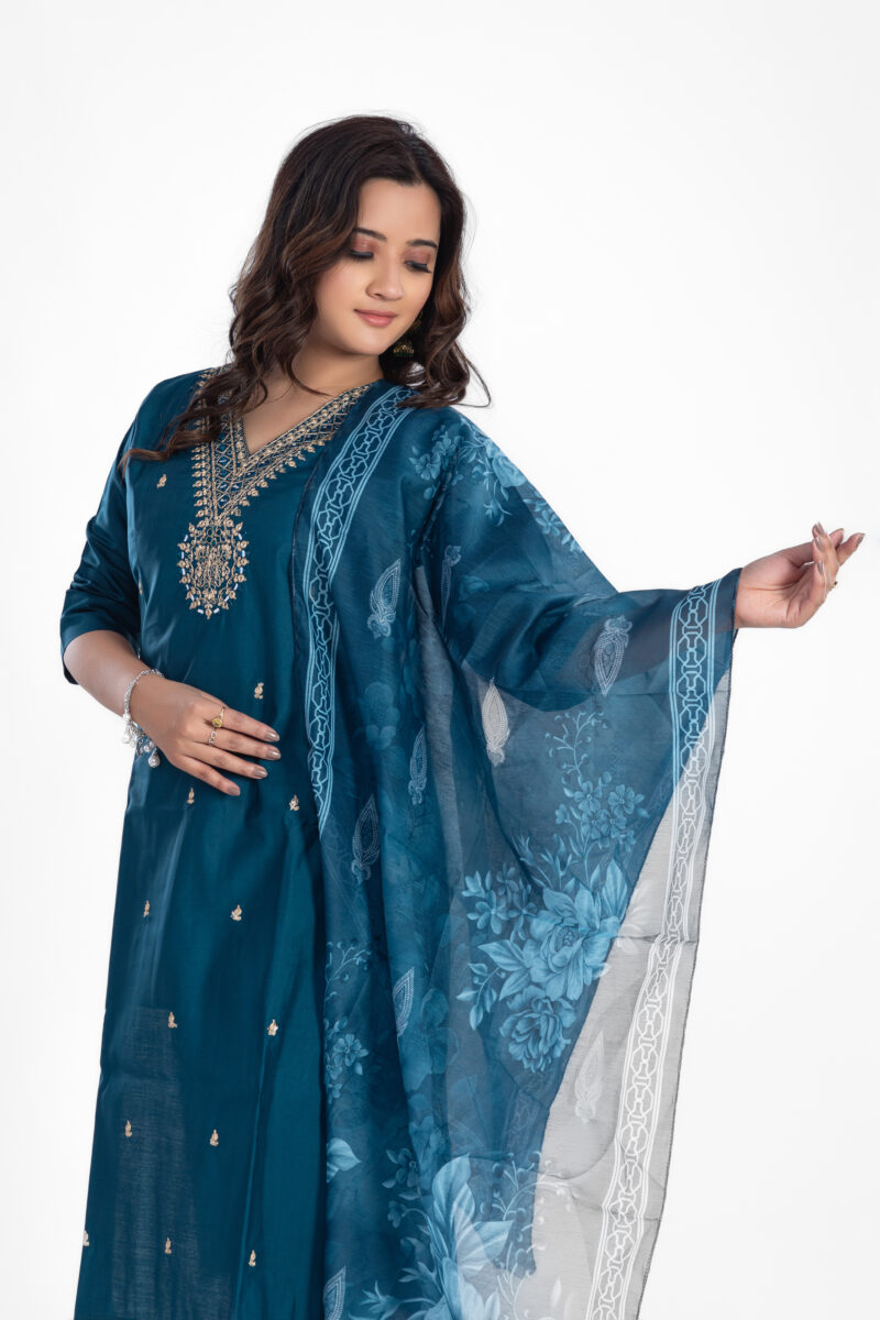 Women's Roman Silk Embroidered Kurta Set with Cotton Dupatta LBA-010-RegalBlue - Image 3