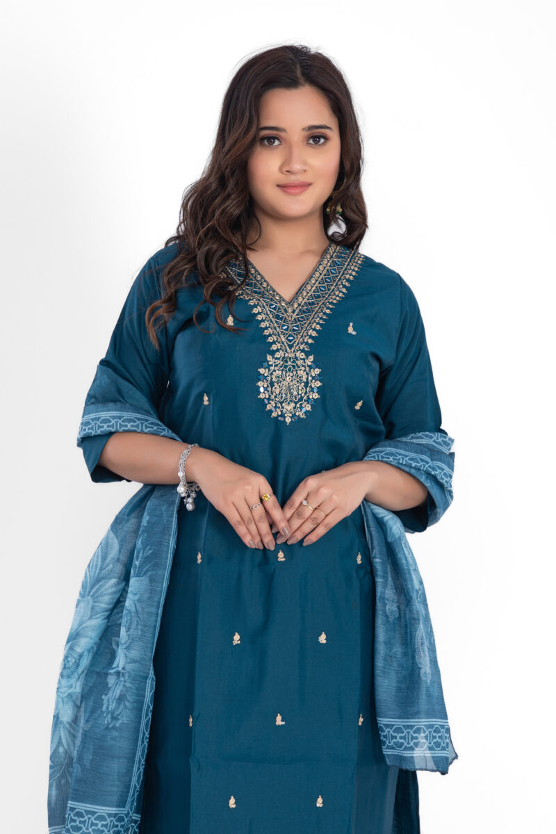 Women's Roman Silk Embroidered Kurta Set with Cotton Dupatta LBA-010-RegalBlue - Image 5