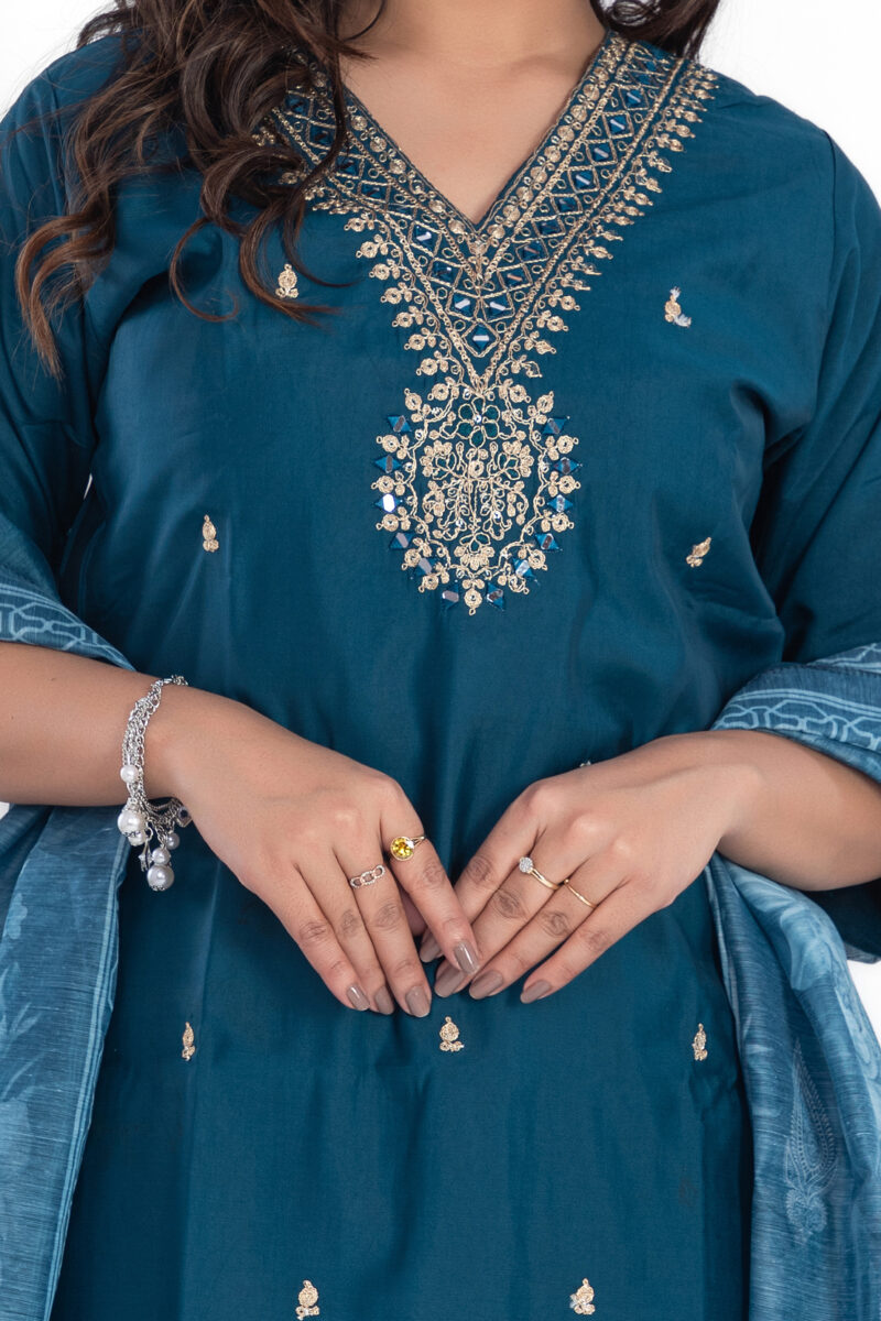 Women's Roman Silk Embroidered Kurta Set with Cotton Dupatta LBA-010-RegalBlue - Image 6