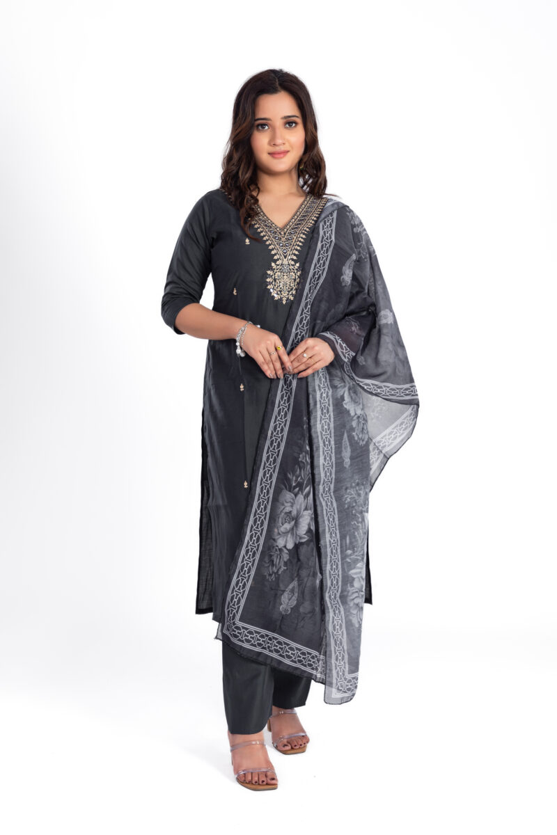 Women's Roman Silk Embroidered Kurta Set with Cotton Dupatta LBA-010-Grey - Image 5