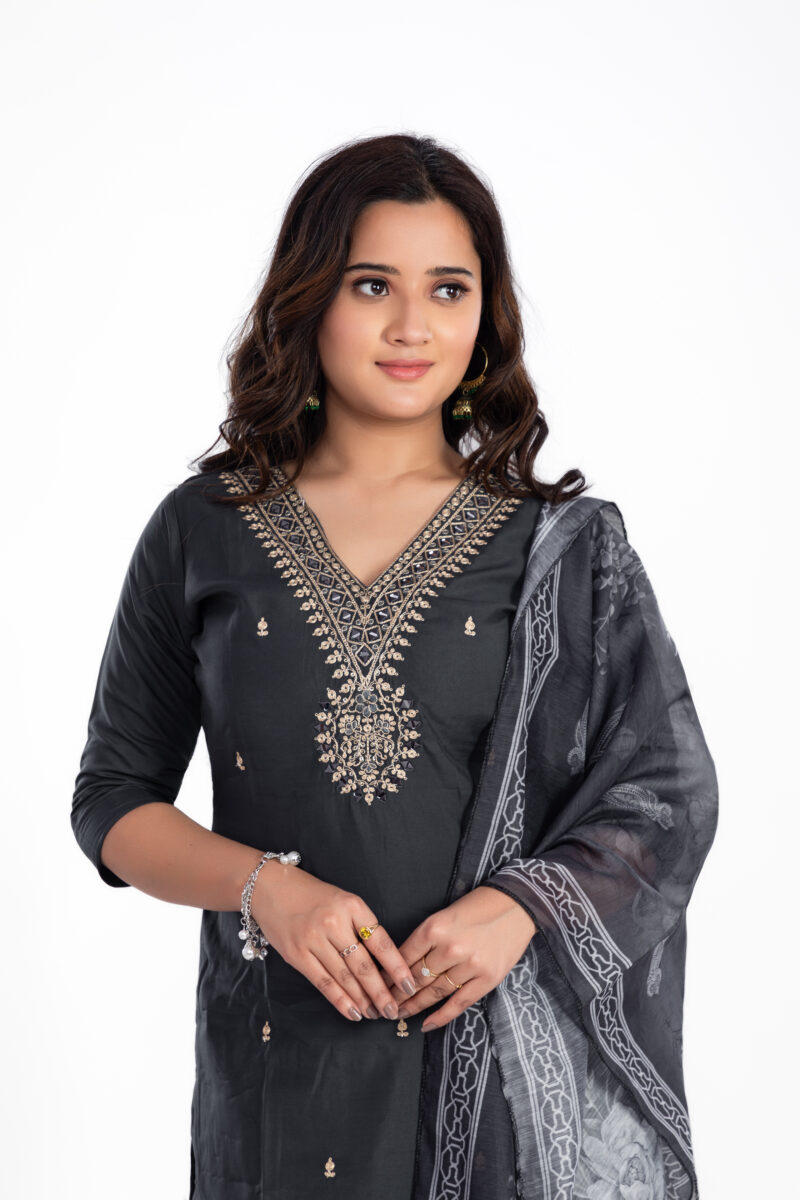 Women's Roman Silk Embroidered Kurta Set with Cotton Dupatta LBA-010-Grey - Image 2