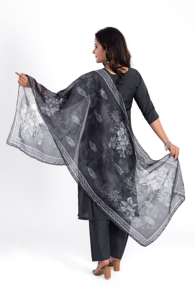 Women's Roman Silk Embroidered Kurta Set with Cotton Dupatta LBA-010-Grey - Image 3