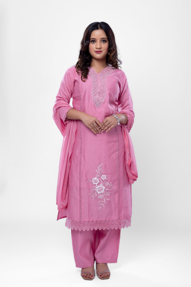Floral embroidered sequinned chanderi cotton kurta&trousers with duppata-LBA-057