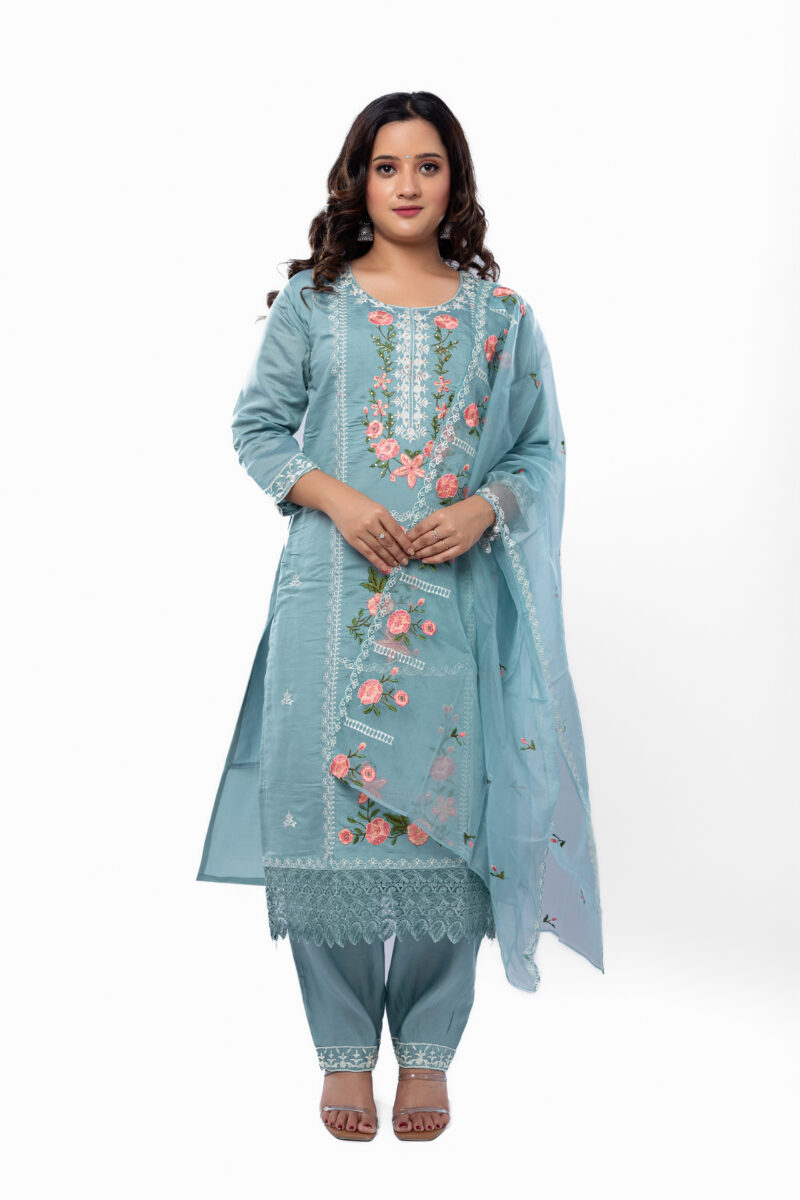 Floral embroidered pure silk stright kurta with trousers& duppata-LBA-054