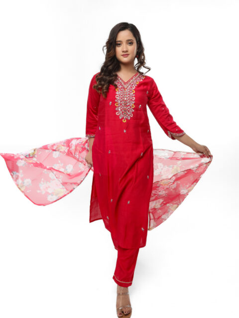 Label by Anusha Women’s Roman Silk Kurta Pant Set with Embroidered Organza Dupatta