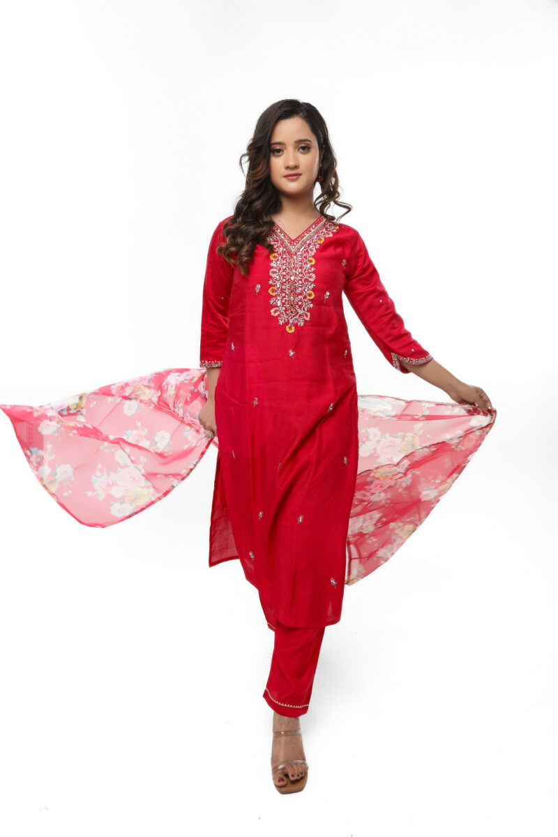 Label by Anusha Women’s Roman Silk Kurta Pant Set with Embroidered Organza Dupatta