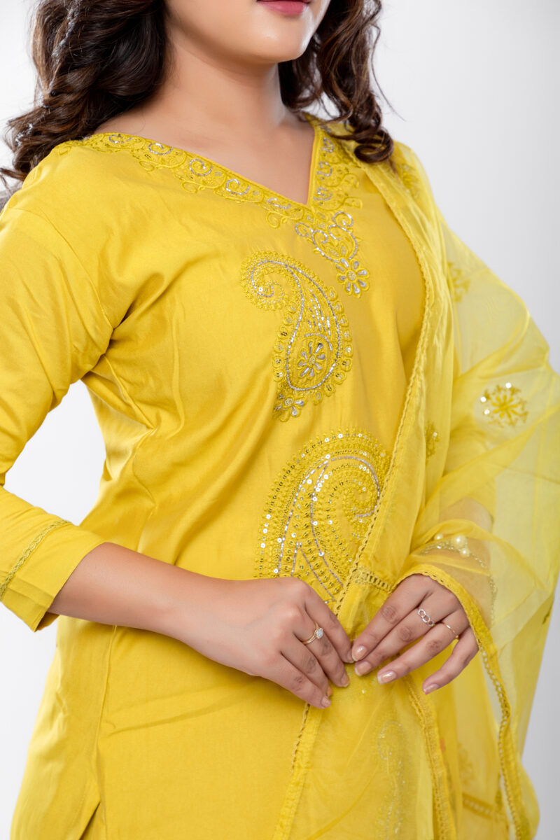Label by Anusha Women’s Roman Silk Kurta Pant Set with Organza Dupatta – Yellow (LBA-056)