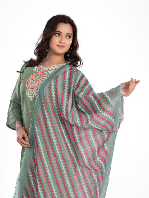 Label by Anusha Women’s Roman Silk Kurta Pant Set with Digital Dupatta – Green (LBA-008)
