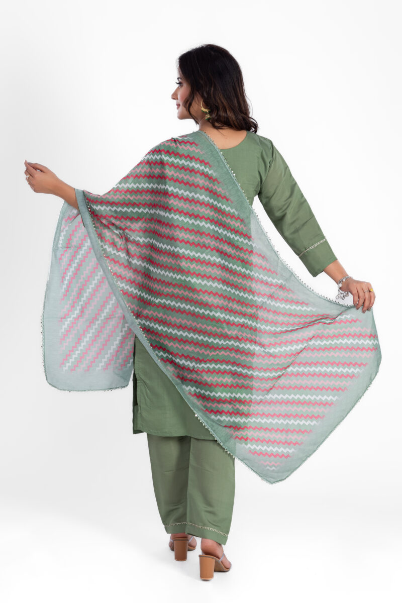 Label by Anusha Women’s Roman Silk Kurta Pant Set with Digital Dupatta – Green (LBA-008)