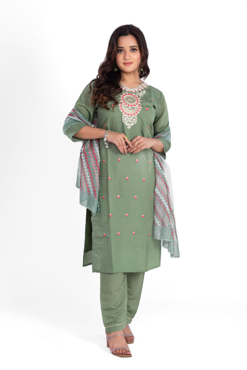 Label by Anusha Women’s Roman Silk Kurta Pant Set with Digital Dupatta – Green (LBA-008)