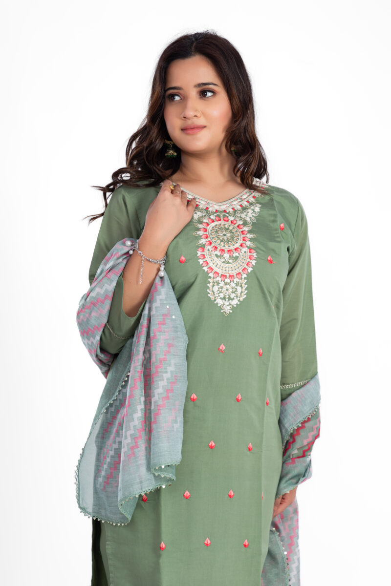 Label by Anusha Women’s Roman Silk Kurta Pant Set with Digital Dupatta – Green (LBA-008)