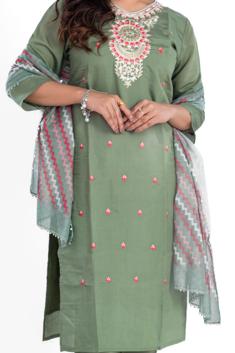 Label by Anusha Women’s Roman Silk Kurta Pant Set with Digital Dupatta – Green (LBA-008)