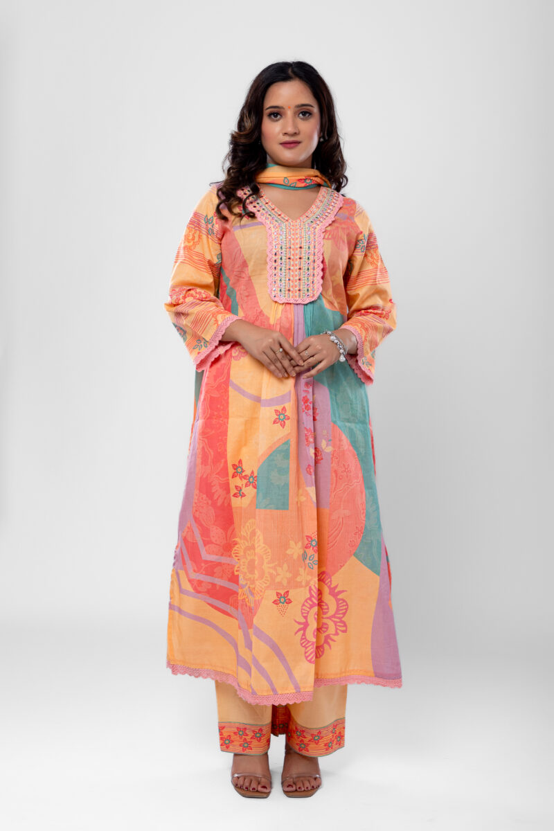 Label by Anusha Women’s Pure Cotton Floral Printed Kurta Pant with Dupatta – Orange (LBA-059)