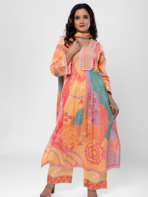 Label by Anusha Women’s Pure Cotton Floral Printed Kurta Pant with Dupatta – Orange (LBA-059)