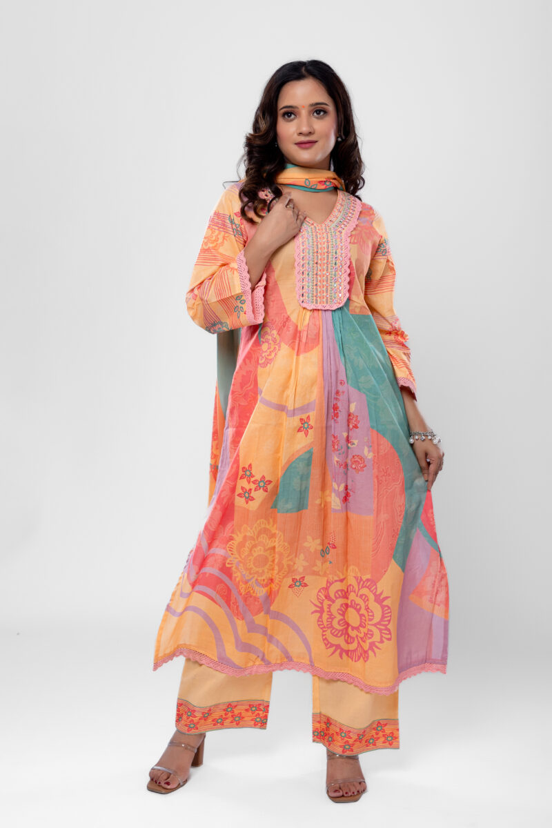 Label by Anusha Women’s Pure Cotton Floral Printed Kurta Pant with Dupatta – Orange (LBA-059)