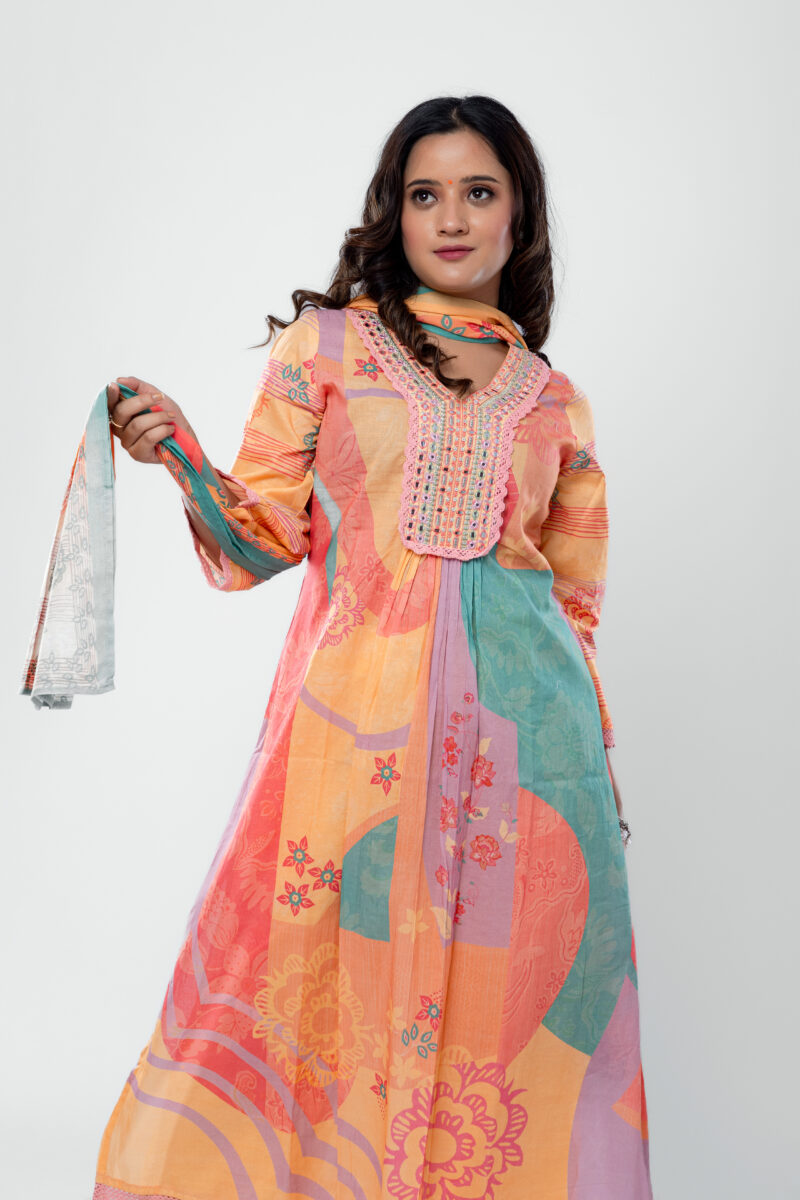Label by Anusha Women’s Pure Cotton Floral Printed Kurta Pant with Dupatta – Orange (LBA-059)