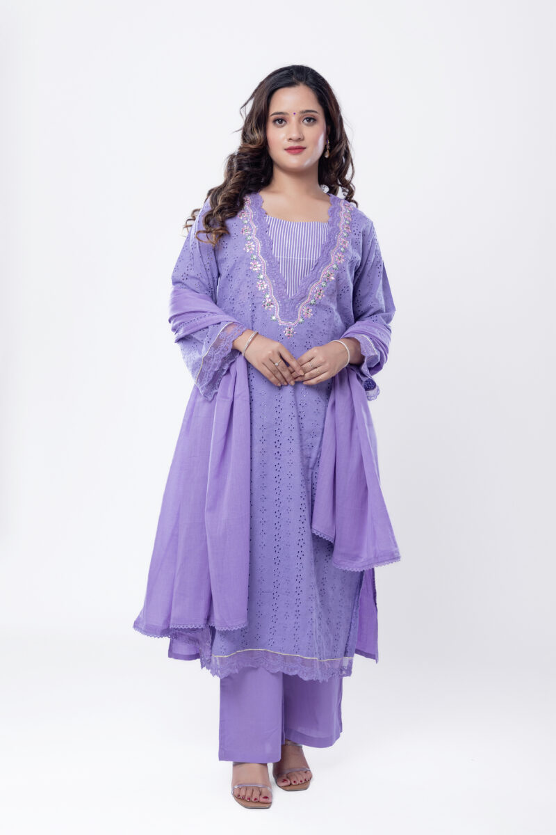 Label by Anusha Women’s Pure Cotton Kurta Pant Set with Dupatta – Lavender (LBA-061)