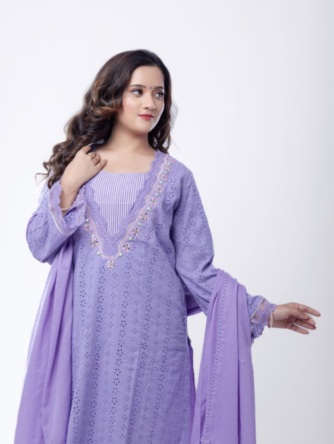 Label by Anusha Women’s Pure Cotton Kurta Pant Set with Dupatta – Lavender (LBA-061)
