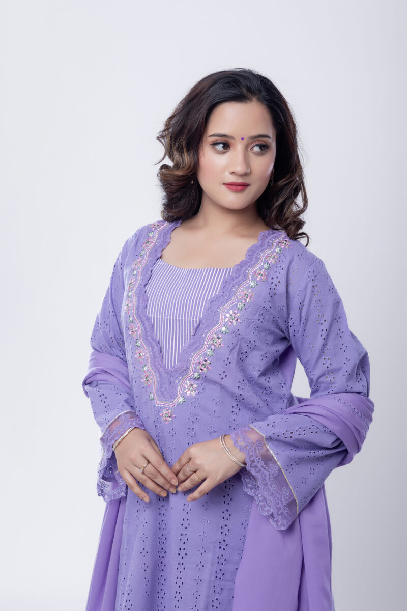 Label by Anusha Women’s Pure Cotton Kurta Pant Set with Dupatta – Lavender (LBA-061)